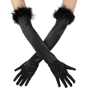 Women's Long Elbow Length Black Satin Feather Trim Evening Gloves Tea Party